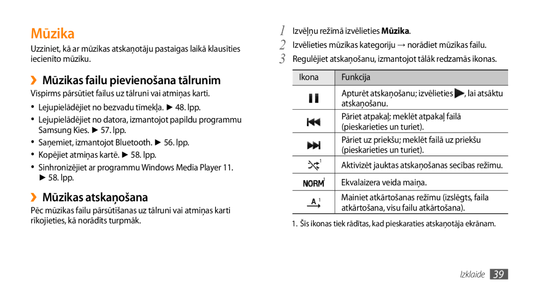 Samsung GT-S3370HSASEB manual ››Mūzikas failu pievienošana tālrunim, ››Mūzikas atskaņošana 