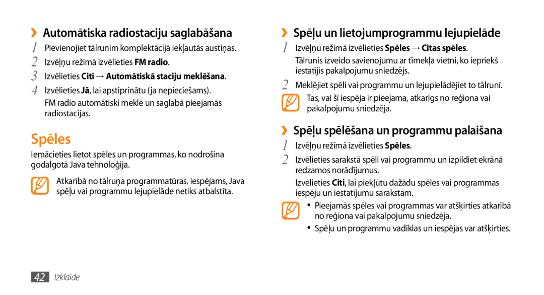 Samsung GT-S3370HSASEB manual Spēles, ››Automātiska radiostaciju saglabāšana, ››Spēļu un lietojumprogrammu lejupielāde 