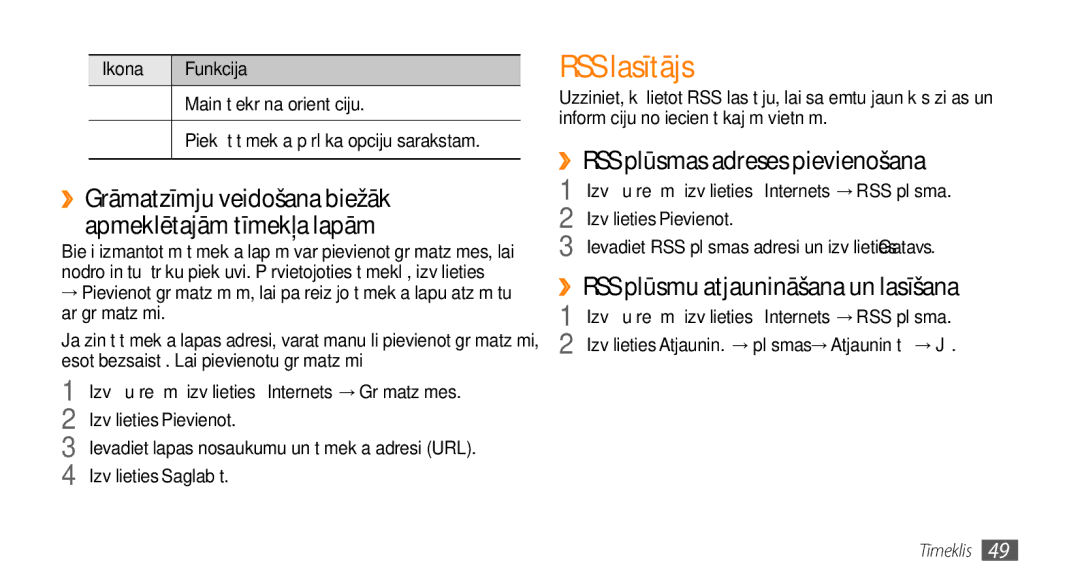 Samsung GT-S3370HSASEB manual RSS lasītājs, ››RSS plūsmas adreses pievienošana, ››RSS plūsmu atjaunināšana un lasīšana 