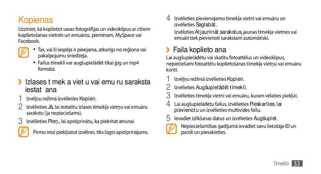 Samsung GT-S3370HSASEB manual Kopienas, ››Izlases tīmekļa vietņu vai emuāru saraksta iestatīšana, ››Faila koplietošana 