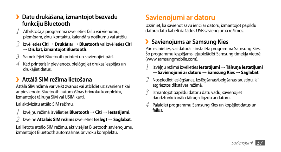 Samsung GT-S3370HSASEB manual Savienojumi ar datoru, ››Datu drukāšana, izmantojot bezvadu funkciju Bluetooth 