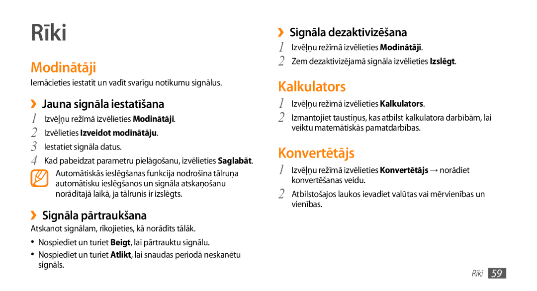 Samsung GT-S3370HSASEB manual Rīki, Modinātāji, Kalkulators, Konvertētājs 