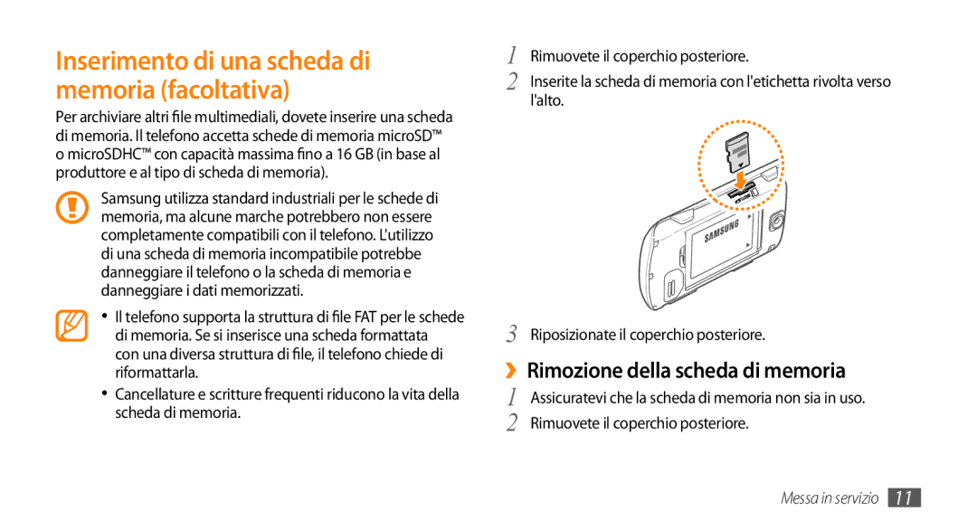 Samsung GT-S3370CWAHUI, GT-S3370HSATIM, GT-S3370OKAHUI manual Inserimento di una scheda di memoria facoltativa, Lalto 