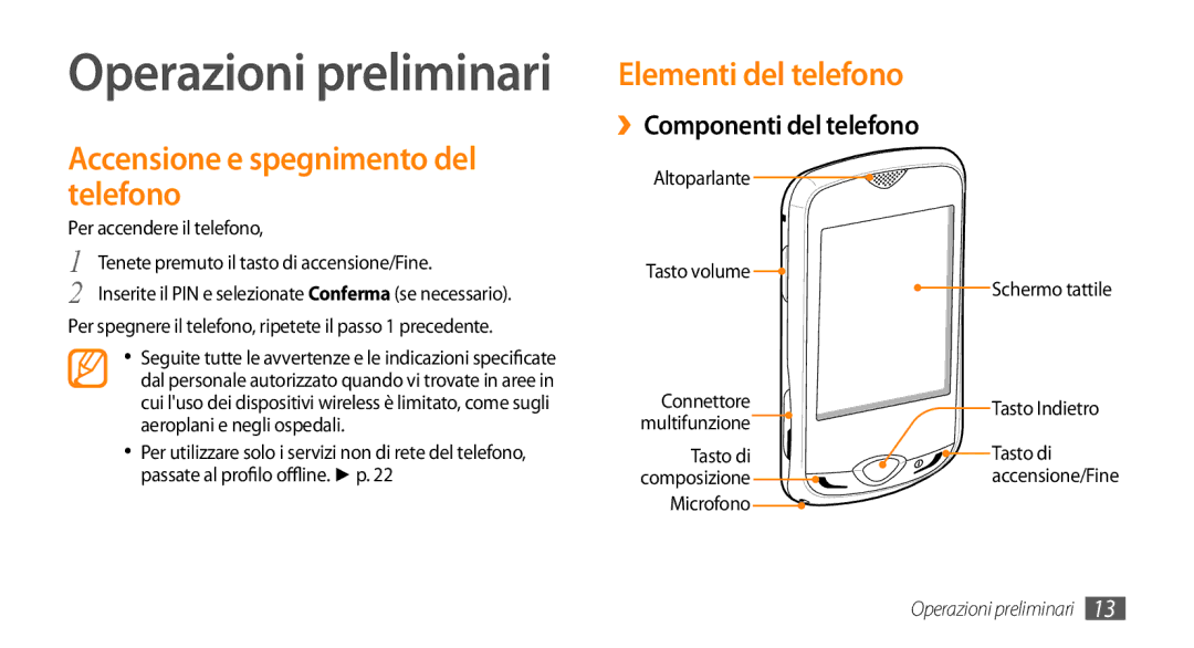 Samsung GT-S3370DIAWIN manual Accensione e spegnimento del telefono, Elementi del telefono, ››Componenti del telefono 