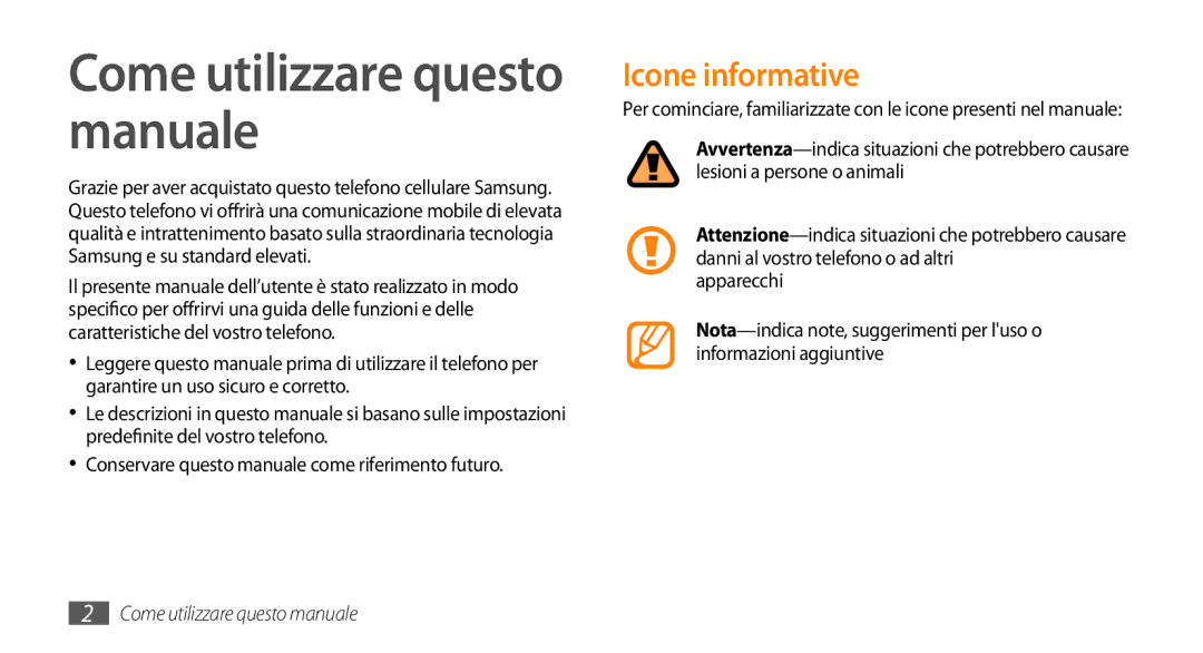 Samsung GT-S3370HSAOMN, GT-S3370HSATIM, GT-S3370OKAHUI, GT-S3370HSAWIN Come utilizzare questo manuale, Icone informative 