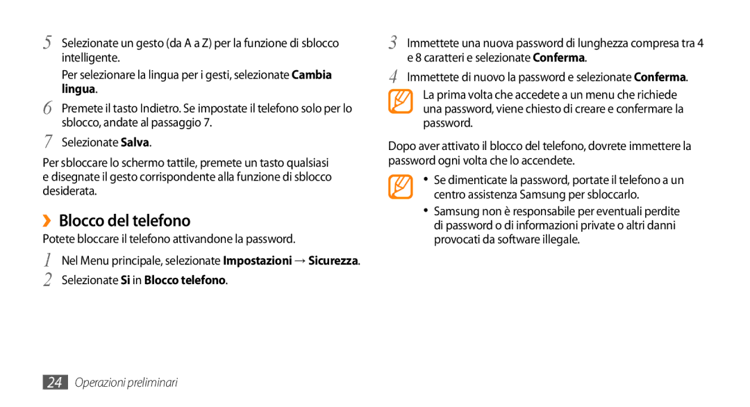 Samsung GT-S3370CWAWIN, GT-S3370HSATIM manual ››Blocco del telefono, Potete bloccare il telefono attivandone la password 