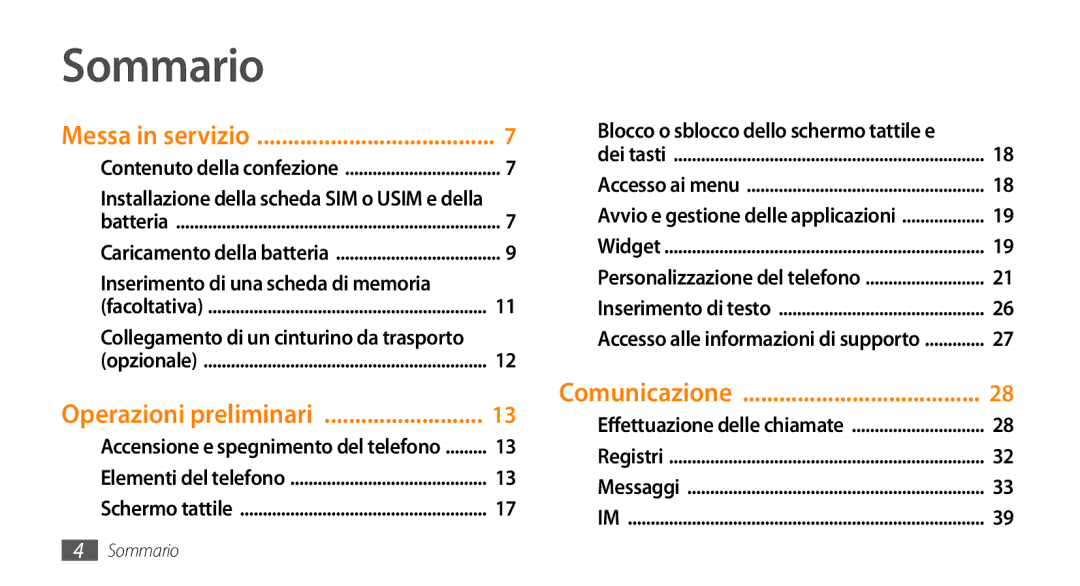 Samsung GT-S3370LSAVOM manual Sommario, Inserimento di una scheda di memoria, Blocco o sblocco dello schermo tattile e 