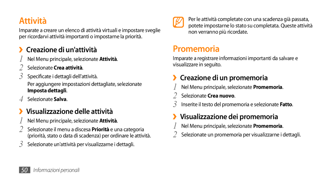 Samsung GT-S3370CWAITV, GT-S3370HSATIM, GT-S3370OKAHUI, GT-S3370HSAOMN, GT-S3370HSAWIN, GT-S3370LSAVOM Attività, Promemoria 