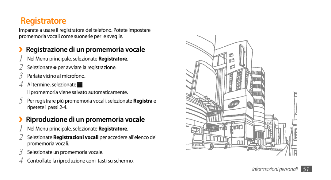 Samsung GT-S3370LSAITV manual Registratore, ››Registrazione di un promemoria vocale, ››Riproduzione di un promemoria vocale 