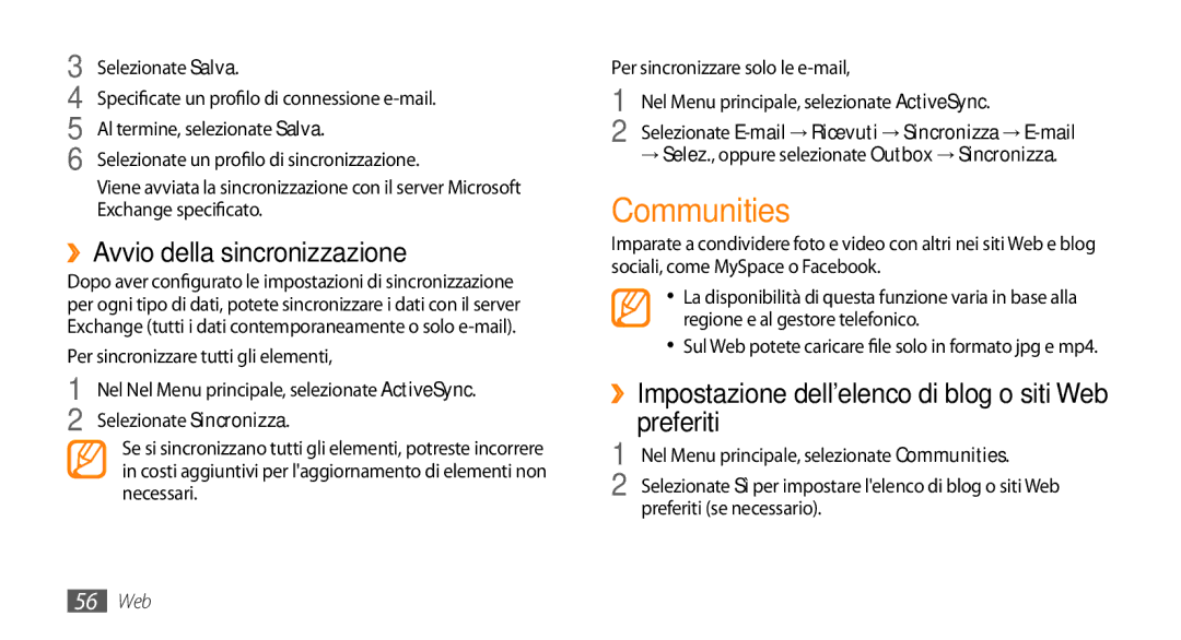 Samsung GT-S3370HSATIM manual Communities, ››Impostazione dellelenco di blog o siti Web preferiti, Preferiti se necessario 