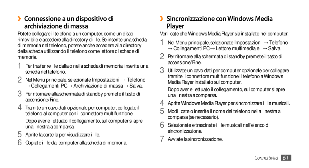 Samsung GT-S3370HSAHUI manual ››Sincronizzazione con Windows Media Player, → Collegamenti PC → Lettore multimediale → Salva 