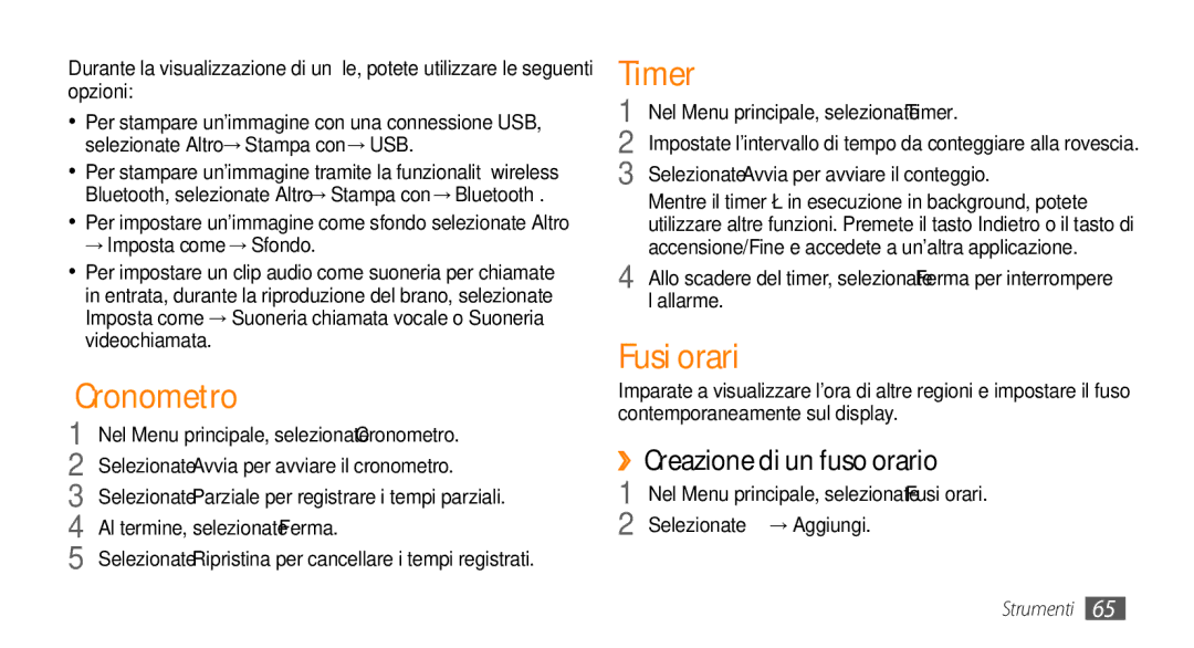 Samsung GT-S3370LSAITV manual Cronometro, Timer, Fusi orari, ››Creazione di un fuso orario, → Imposta come → Sfondo 