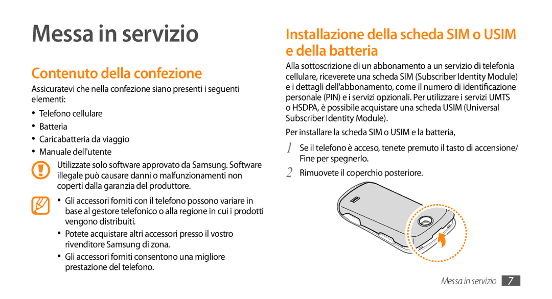 Samsung GT-S3370LSAHUI, GT-S3370HSATIM, GT-S3370OKAHUI, GT-S3370HSAOMN manual Messa in servizio, Contenuto della confezione 