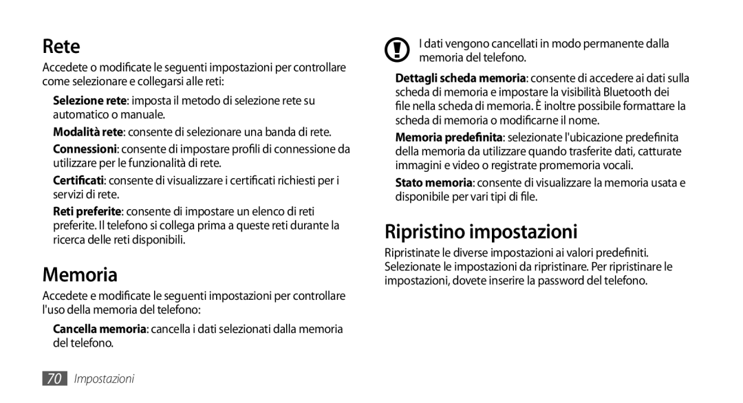 Samsung GT-S3370HSATIM, GT-S3370OKAHUI, GT-S3370HSAOMN, GT-S3370HSAWIN, GT-S3370LSAVOM Rete, Memoria, Ripristino impostazioni 