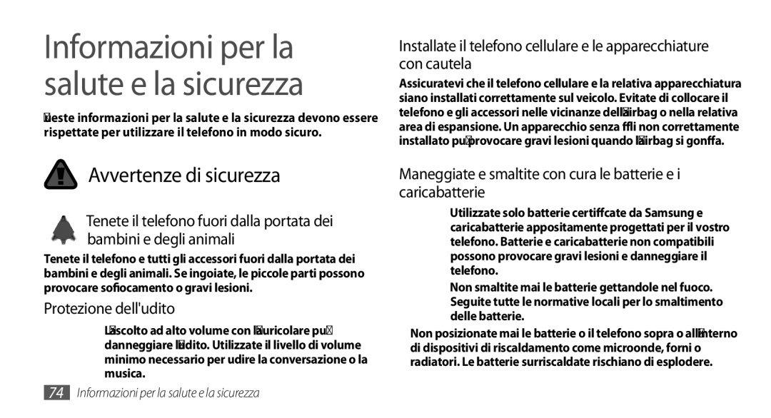 Samsung GT-S3370LSAVOM, GT-S3370HSATIM, GT-S3370OKAHUI manual Protezione delludito, Informazioni per la salute e la sicurezza 