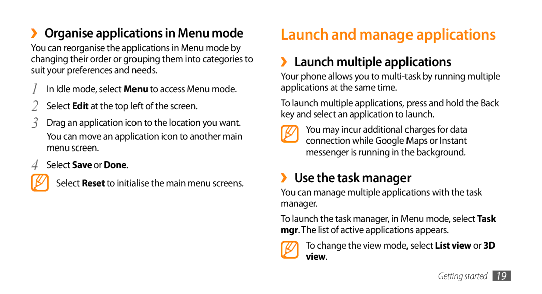 Samsung GT-S3370HSAFWB manual Launch and manage applications, ›› Launch multiple applications, ›› Use the task manager 