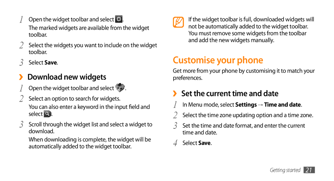 Samsung GT-S3370CWAITV, GT-S3370LSAVID Customise your phone, ›› Download new widgets, ›› Set the current time and date 