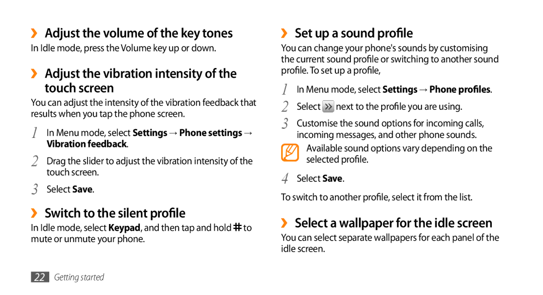 Samsung GT-S3370LSAITV manual ›› Adjust the volume of the key tones, ›› Adjust the vibration intensity Touch screen 