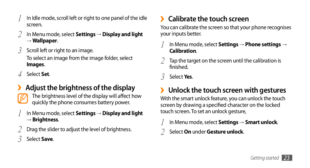 Samsung GT-S3370CWAWIN, GT-S3370LSAVID manual ›› Adjust the brightness of the display, ›› Calibrate the touch screen 