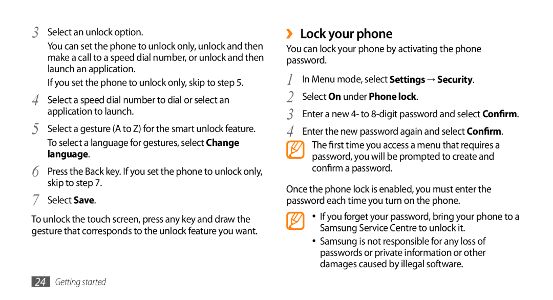 Samsung GT-S3370CWAHUI, GT-S3370LSAVID, GT-S3370HSAXEF, GT-S3370LSAXEF, GT-S3370LSADBT manual ›› Lock your phone, Language 