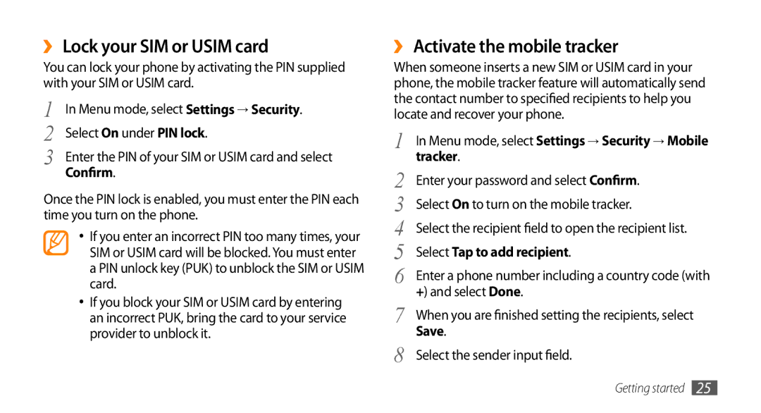Samsung GT-S3370HSAITV, GT-S3370LSAVID, GT-S3370HSAXEF manual ›› Lock your SIM or Usim card, ›› Activate the mobile tracker 