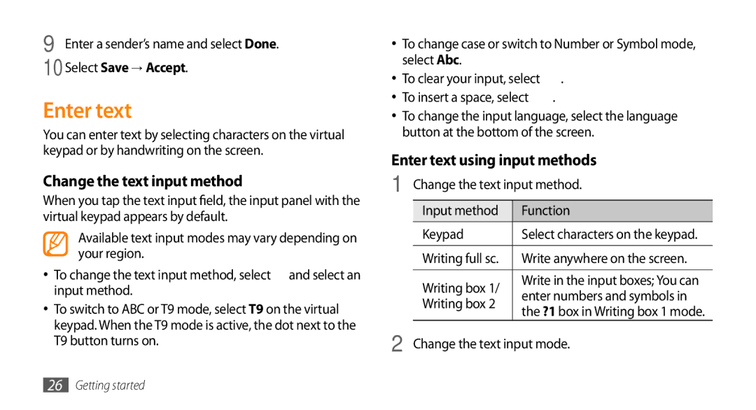 Samsung GT-S3370DIAWIN, GT-S3370LSAVID, GT-S3370HSAXEF manual Enter text, Change the text input method, Select Save → Accept 