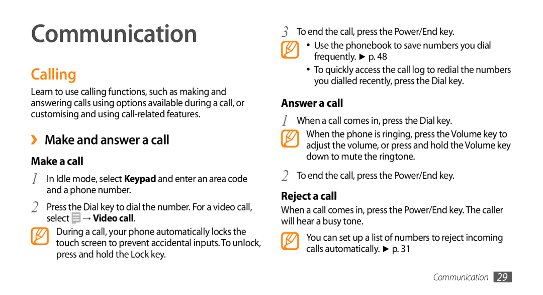 Samsung GT-S3370DIAFOP, GT-S3370LSAVID, GT-S3370HSAXEF, GT-S3370LSAXEF Communication, Calling, ›› Make and answer a call 