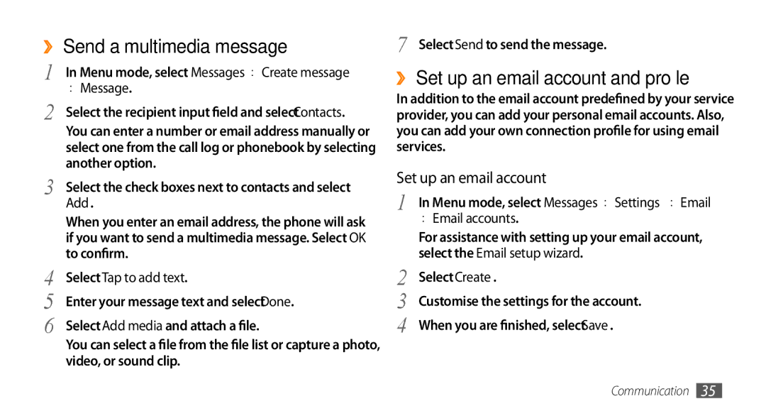 Samsung GT-S3370HSATEE manual ›› Send a multimedia message, ›› Set up an email account and profile, Select Tap to add text 