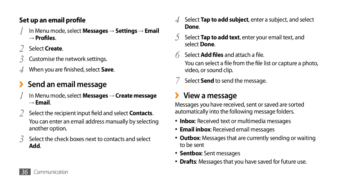 Samsung GT-S3370DIAYOG, GT-S3370LSAVID, GT-S3370HSAXEF ›› Send an email message, ›› View a message, Set up an email profile 