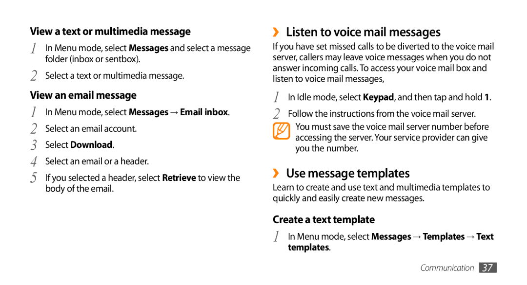 Samsung GT-S3370LSAXEC manual ›› Listen to voice mail messages, ›› Use message templates, View a text or multimedia message 