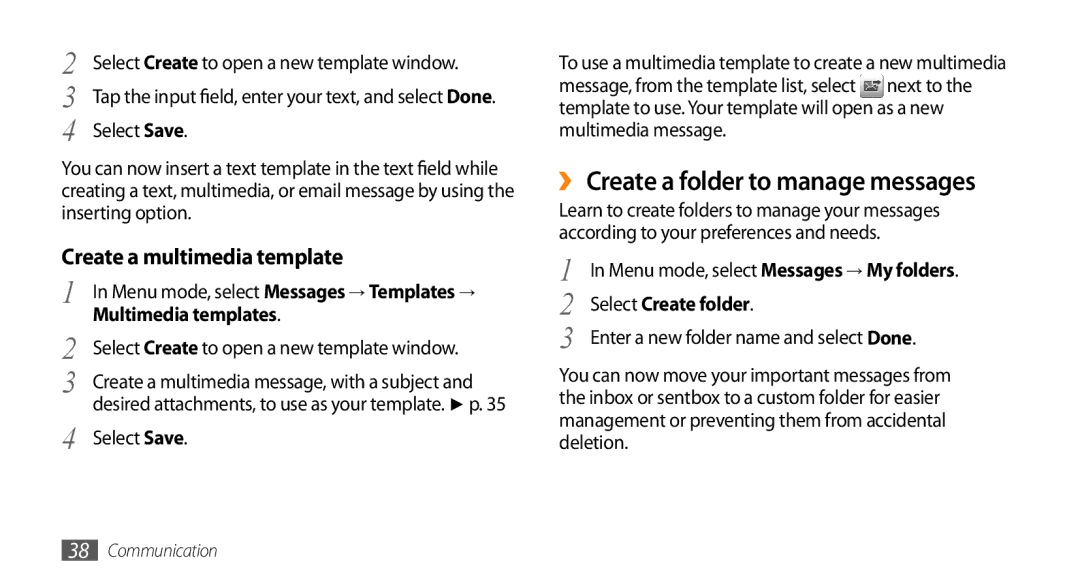 Samsung GT-S3370OKASEB, GT-S3370LSAVID, GT-S3370HSAXEF ›› Create a folder to manage messages, Create a multimedia template 