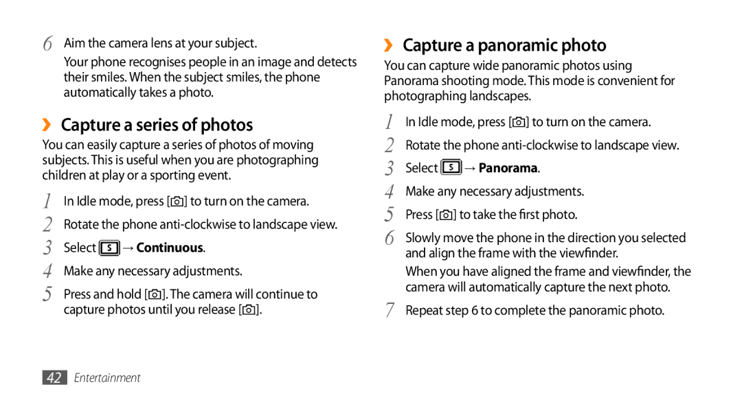 Samsung GT-S3370HSAAMN, GT-S3370LSAVID manual ›› Capture a series of photos, ›› Capture a panoramic photo, → Panorama 