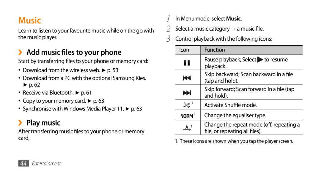 Samsung GT-S3370HSAO2C, GT-S3370LSAVID, GT-S3370HSAXEF manual Music, ›› Add music files to your phone, ›› Play music 