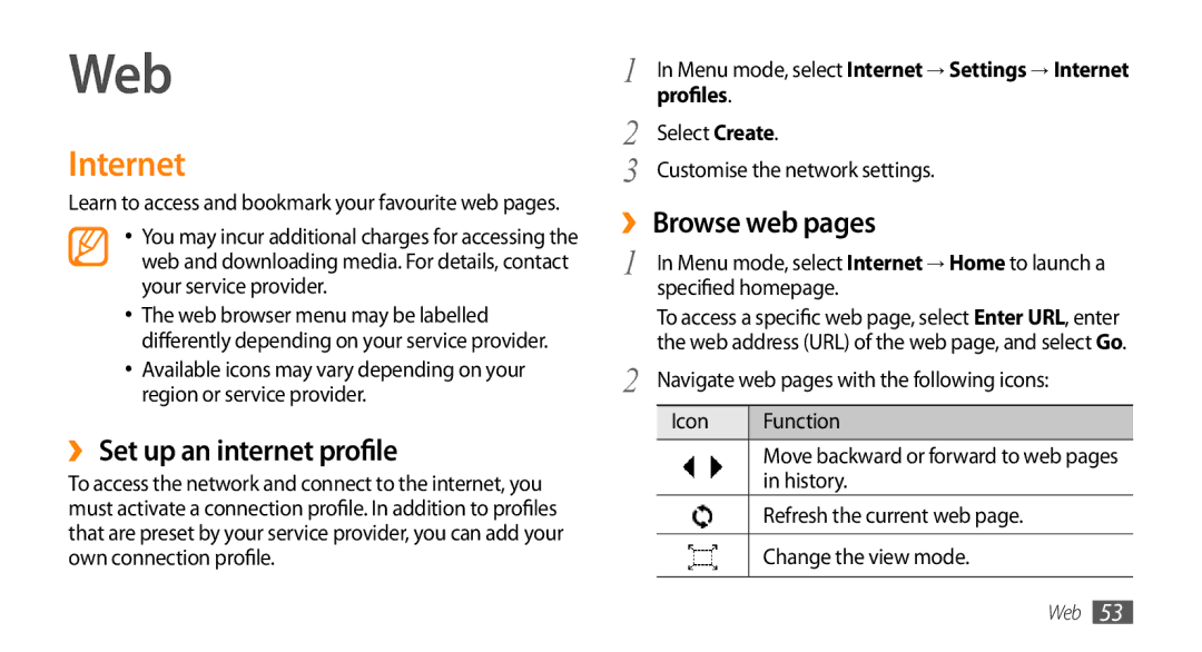 Samsung GT-S3370HSACYV, GT-S3370LSAVID manual Web, Internet, ›› Set up an internet profile, ›› Browse web pages, Profiles 