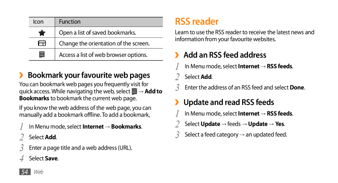 Samsung GT-S3370LSACYO, GT-S3370LSAVID manual RSS reader, ›› Bookmark your favourite web pages, ›› Add an RSS feed address 