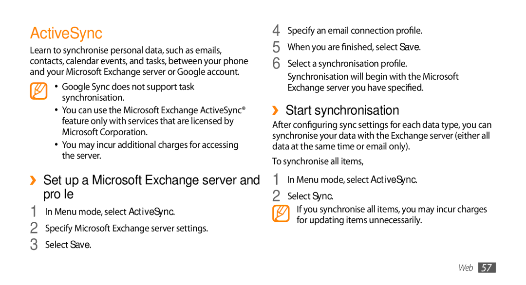 Samsung GT-S3370LSASVZ, GT-S3370LSAVID, GT-S3370HSAXEF manual ActiveSync, ›› Set up a Microsoft Exchange server and profile 