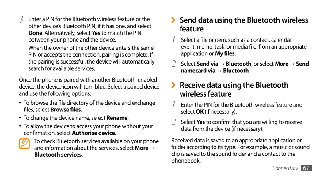 Samsung GT-S3370LSASER, GT-S3370LSAVID manual ›› Send data using the Bluetooth wireless feature, Namecard via → Bluetooth 