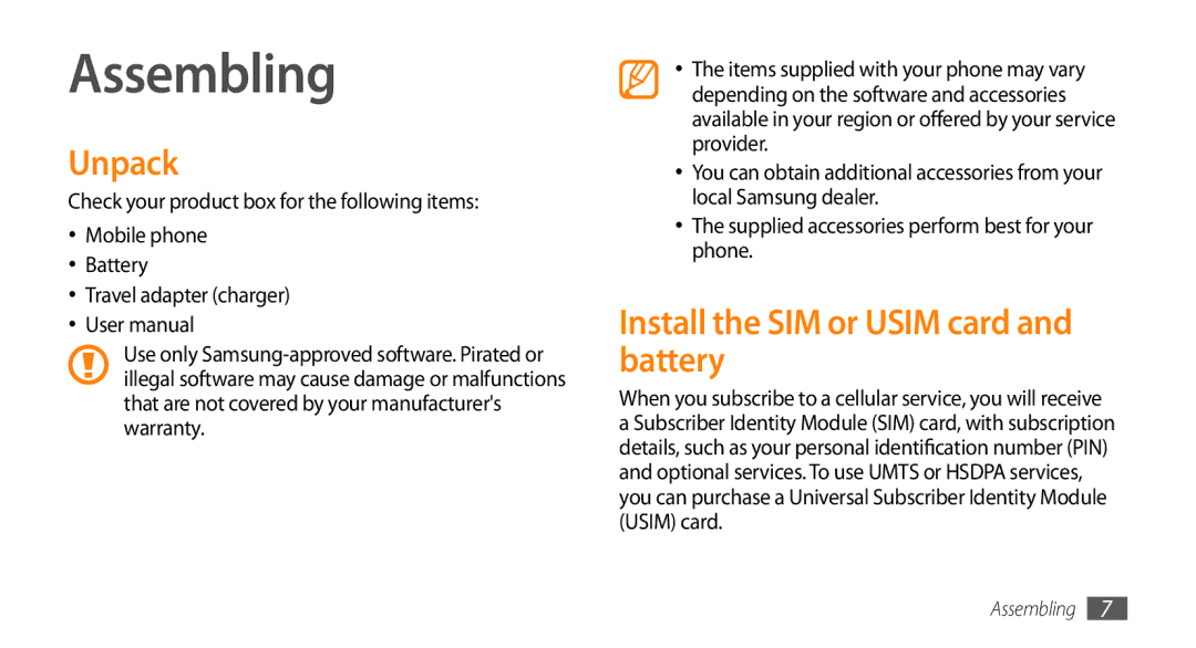 Samsung GT-S3370LSAVDR, GT-S3370LSAVID, GT-S3370HSAXEF manual Assembling, Unpack, Install the SIM or Usim card and battery 