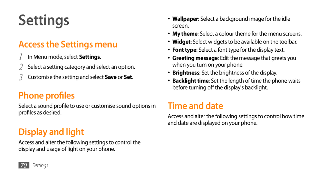 Samsung GT-S3370HSAOPT, GT-S3370LSAVID manual Access the Settings menu, Phone profiles, Display and light, Time and date 