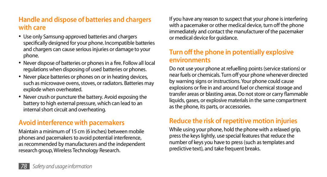 Samsung GT-S3370OKAHUI manual Handle and dispose of batteries and chargers with care, Avoid interference with pacemakers 