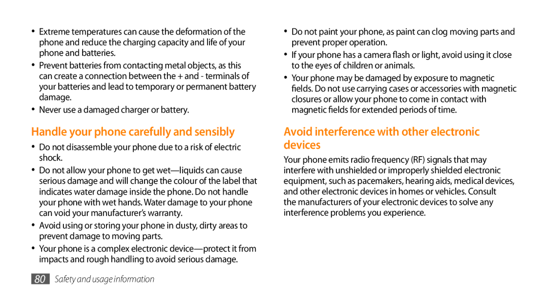 Samsung GT-S3370HSAWIN manual Handle your phone carefully and sensibly, Avoid interference with other electronic devices 