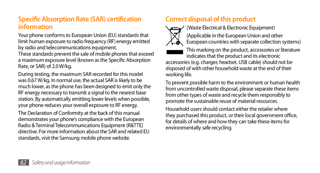 Samsung GT-S3370HSAHUI manual Specific Absorption Rate SAR certification information, Correct disposal of this product 