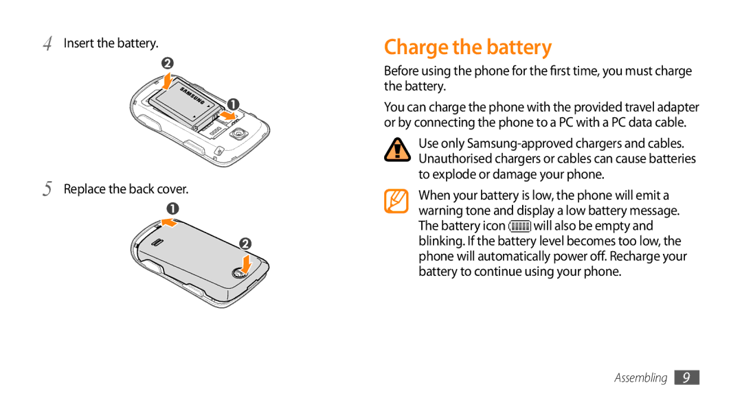 Samsung GT-S3370HSAEPL, GT-S3370LSAVID, GT-S3370HSAXEF manual Charge the battery, Insert the battery Replace the back cover 