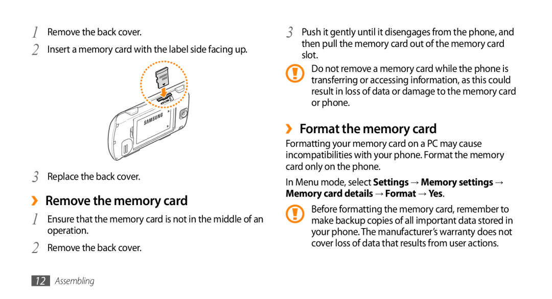 Samsung GT-S3370HSAVD2 manual ›› Remove the memory card, ›› Format the memory card, Remove the back cover, Assembling 