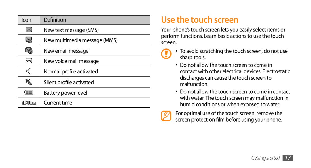 Samsung GT-S3370LSAVOM, GT-S3370LSAVID, GT-S3370HSAXEF, GT-S3370LSAXEF, GT-S3370LSADBT, GT-S3370LSAVIA Use the touch screen 