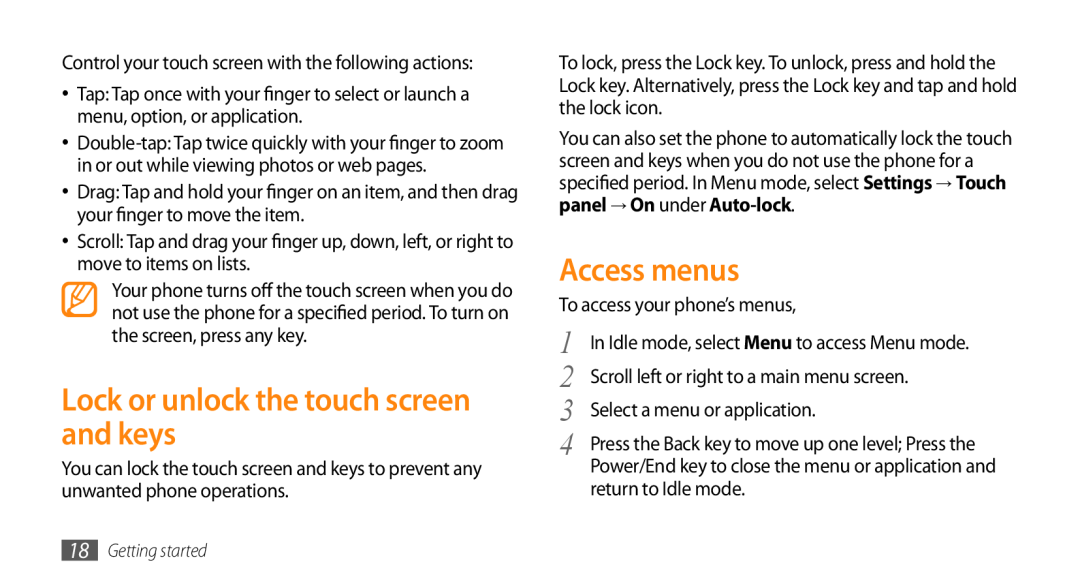 Samsung GT-S3370HSAHUI, GT-S3370LSAVID, GT-S3370HSAXEF manual Lock or unlock the touch screen and keys, Access menus 