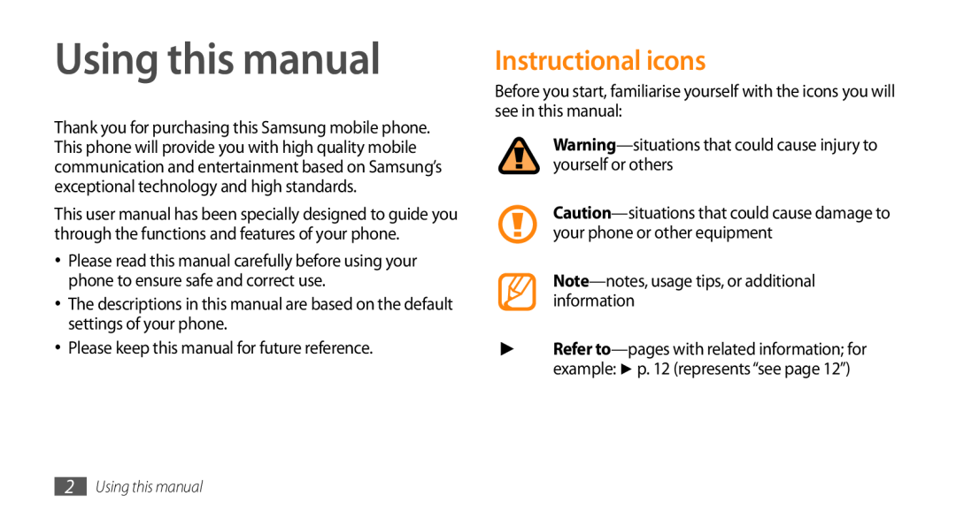 Samsung GT-S3370LSAXEF, GT-S3370LSAVID, GT-S3370HSAXEF, GT-S3370LSADBT, GT-S3370LSAVIA Using this manual, Instructional icons 
