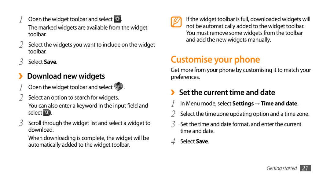 Samsung GT-S3370CWAITV Customise your phone, ›› Download new widgets, ›› Set the current time and date, Getting started 