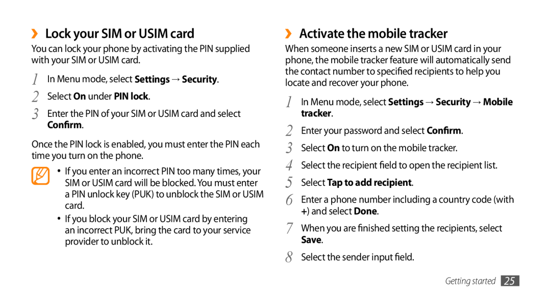 Samsung GT-S3370HSAITV ›› Lock your SIM or USIM card, ›› Activate the mobile tracker, Confirm, Select Tap to add recipient 