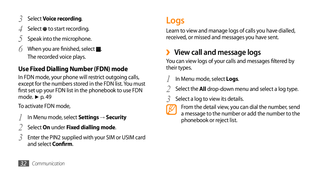 Samsung GT-S3370LSAFOP Logs, ›› View call and message logs, Use Fixed Dialling Number FDN mode, Select Voice recording 